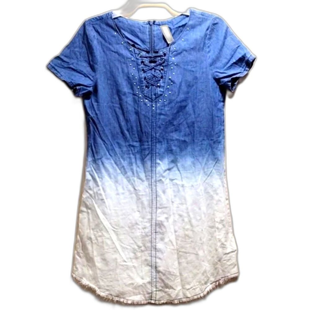 Justice Girls Ombré Chambray Lace-Up Dress – Size 12 – Short Sleeve Denim Look